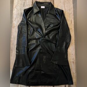 Pink Lily Black Faux Leather Twist Front Collared Long Sleeve Mini Dress